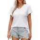 T-shirt col en V ajouré pour femme, couleur unie, confortable et respirant