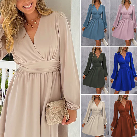 Robe portefeuille tendance pour femme avec col en V, taille empire et manches lanternes