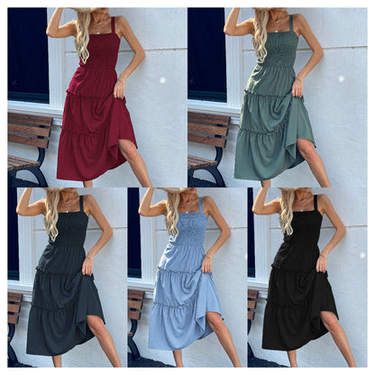 Robe smockée sans manches pour femme avec ourlet à volants étagés