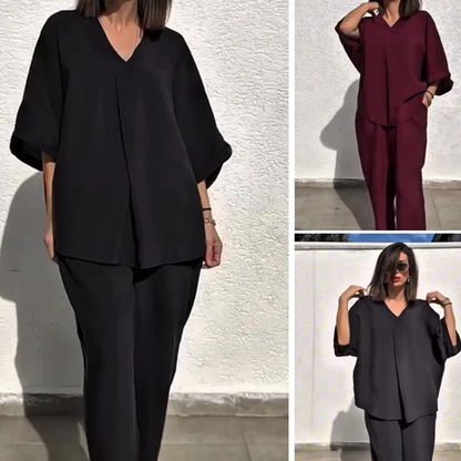 Ensemble deux pièces décontracté et ample composé d'un haut et d'un pantalon à col en V pour femme