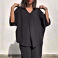 Ensemble deux pièces décontracté et ample composé d'un haut et d'un pantalon à col en V pour femme