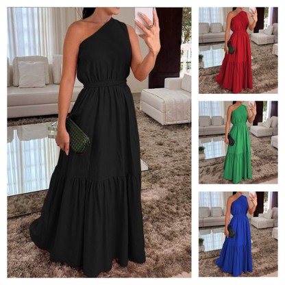 Robe longue élégante de couleur unie avec bretelles asymétriques et taille froncée