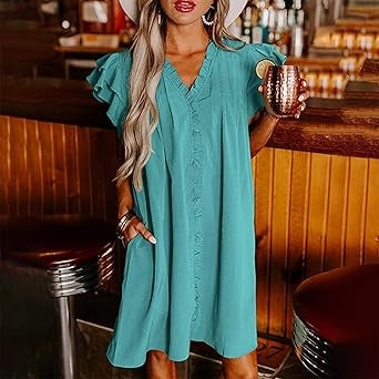 Robe plissée décontractée à volants et col en V pour femme