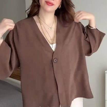 💖Cardigan femme à col en V et manches mi-longues de couleur unie