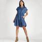 Robe plissée boutonnée pour femme avec revers et manches courtes