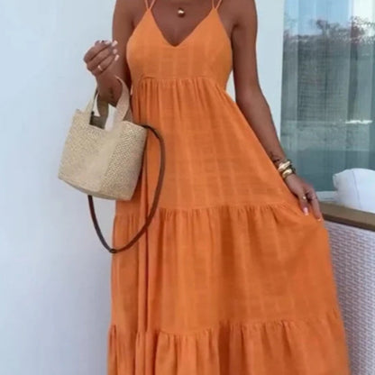 Robe longue tendance avec col en V, bretelles spaghetti et coupe à volants pour femme