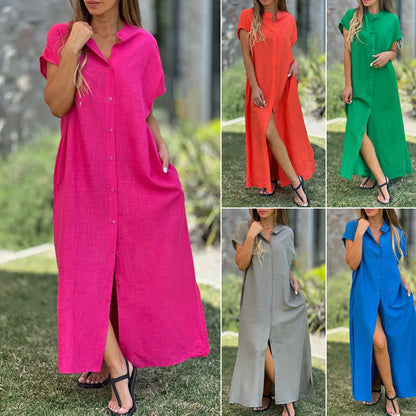 Robe chemise ample boutonnée décontractée pour femme avec fente latérale