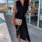 Robe longue fendue froncée sans manches à col en V pour femme