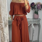 Ensemble 2 pièces haut et pantalon à épaules dénudées pour femme