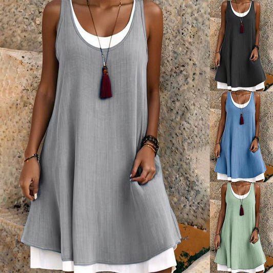 Robe débardeur décontractée, ample et sans manches, au look superposé pour femme
