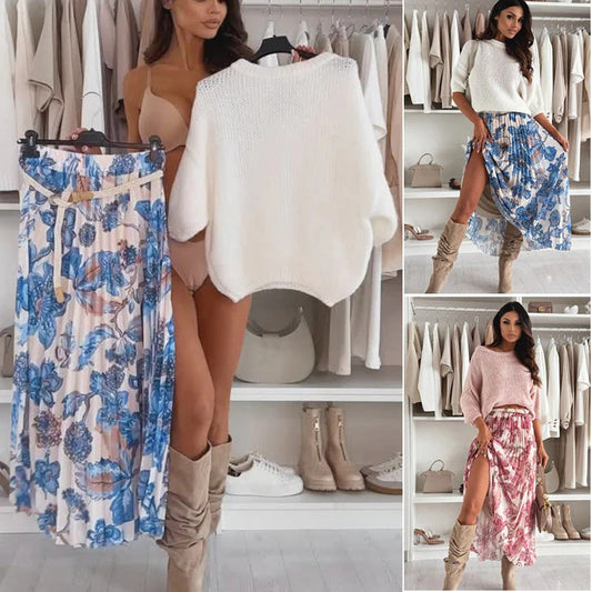 Hauts solides pour femmes ＆ Jupes imprimées florales Ensemble deux pièces
