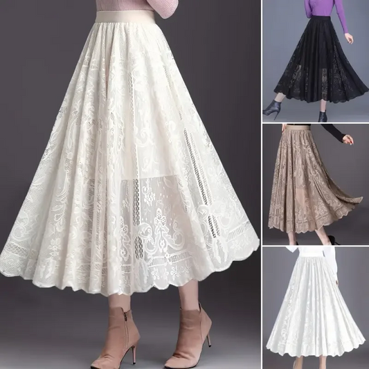 👗Jupe plissée taille haute – Coupe trapèze avec dentelle et détails transparents💕