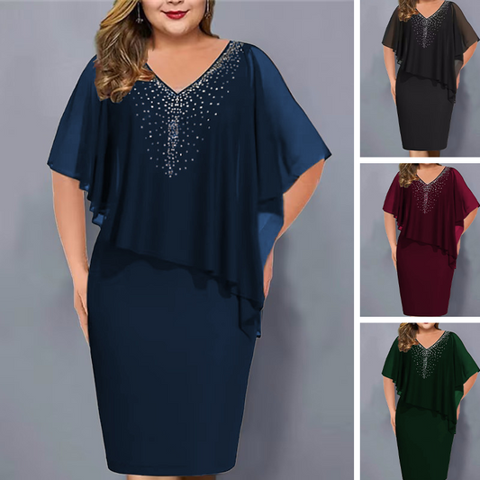 ✨Robe cape en strass avec col en V et superposition en mousseline