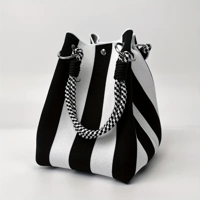 🏆👜 Limited Time Special Price ￡8.99!!✨ Boho Striped Knit Bucket Handbag for Women – Handmade Summer Beach Shoulder Bag