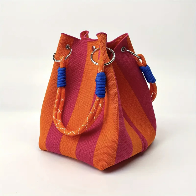🏆👜 Limited Time Special Price ￡8.99!!✨ Boho Striped Knit Bucket Handbag for Women – Handmade Summer Beach Shoulder Bag